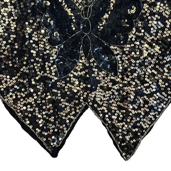 Vintage Women’s Sz S NWT Black Gold Sequin Butterfly Top 70s Deadstock Silk Boho